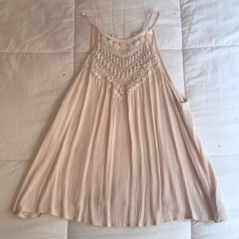 blush pink halter top with crochet design